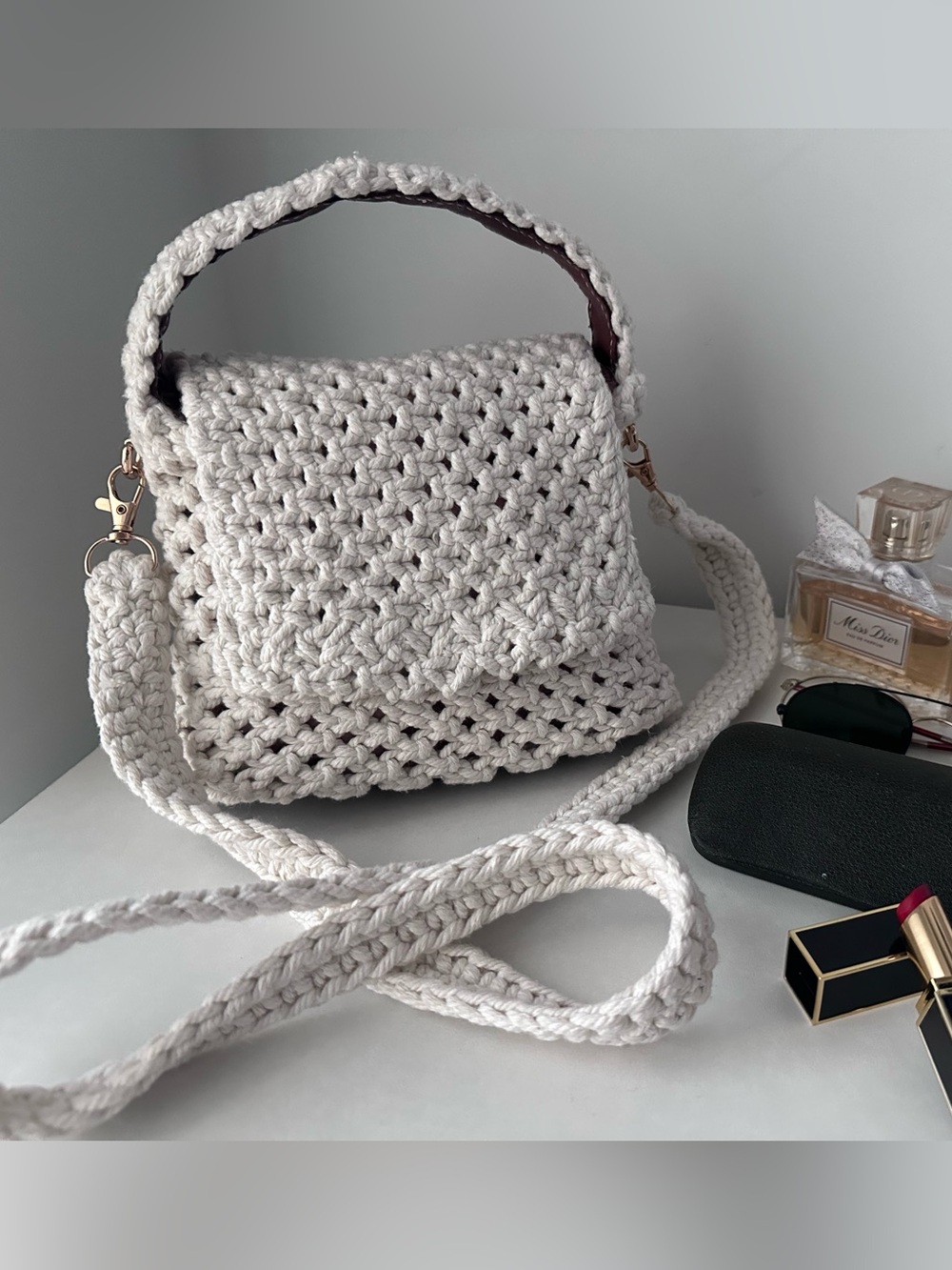 Handmade Crochet Shoulder Bag Crossbody with Genuine Leather Bottom & Handle